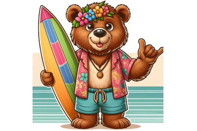 Cartoon bear gives shaka sign holding a surfboard