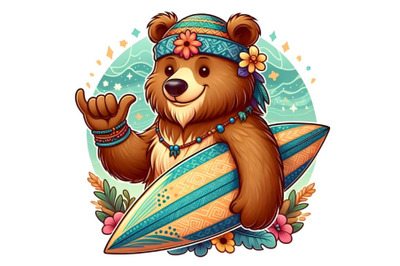 Cartoon bear gives shaka sign holding a surfboard