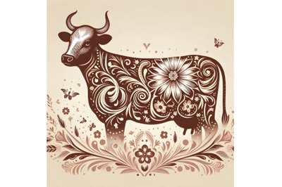 cow silhouette of floral ornament soft color