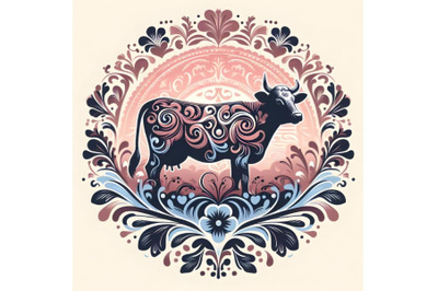 cow silhouette of floral ornament soft color