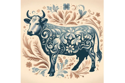 cow silhouette of floral ornament soft color