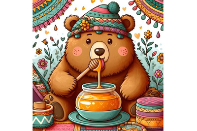 Cartoon bear eating honey with appetite