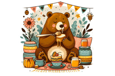 Cartoon bear eating honey with appetite