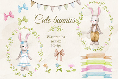 Cute bunnies. Boy and girl. Watercolor PNG