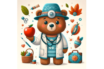 Cartoon bear dressed as doctor&2C; holding an apple