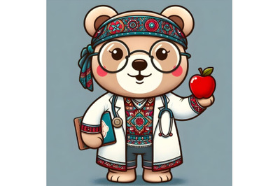 Cartoon bear dressed as doctor&2C; holding an apple