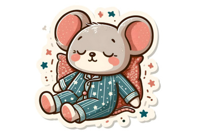 sticker of a cartoon sleeping teddy mouse in pajamas