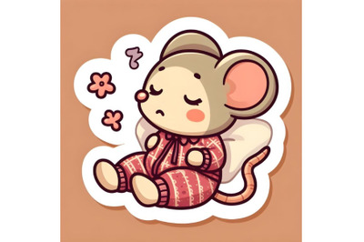 sticker of a cartoon sleeping teddy mouse in pajamas