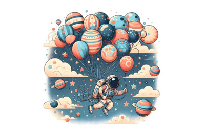 Spaceman fly with many balloons