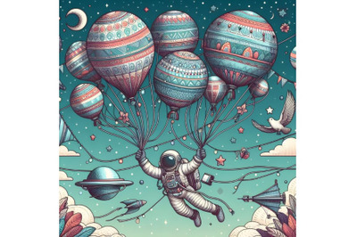 Spaceman fly with many balloons