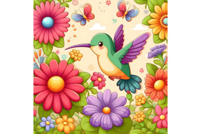 Humming bird and flower garden