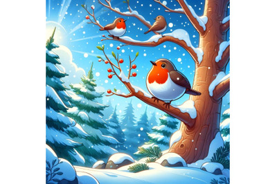 Forest Falling Snow Red Capped Robin Bird Sitting on Tree. Blue Sky