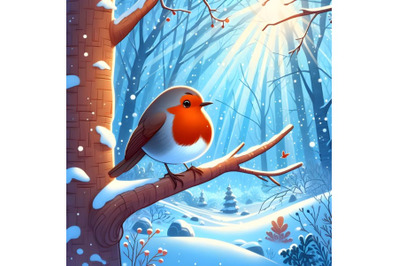 Forest Falling Snow Red Capped Robin Bird Sitting on Tree. Blue Sky