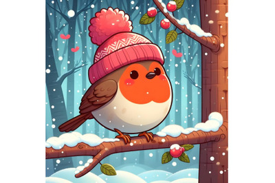 Forest Falling Snow Red Capped Robin Bird in Pink warm winter hat Sitt