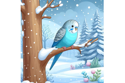 Forest Falling Snow blue Budgerigar Bird Sitting on Tree