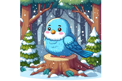 Forest Falling Snow blue Budgerigar Bird Sitting on Tree
