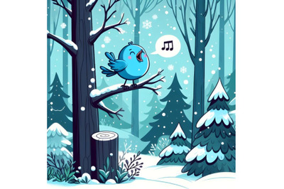 Forest Falling Snow Blue bird cartoon singing on Tree