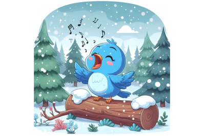 Forest Falling Snow Blue bird cartoon singing on Tree