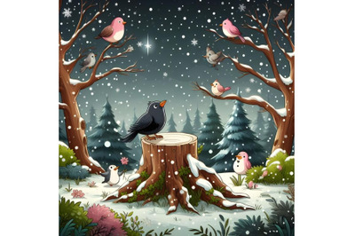 Forest Falling Snow black bird Sitting on Tree