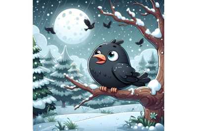 Forest Falling Snow black bird Sitting on Tree