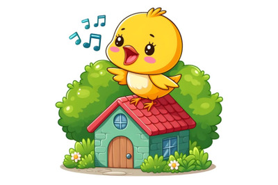 Cute yellow bird singing on a small building