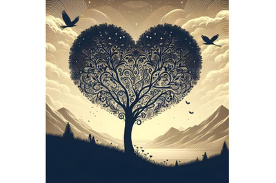 silhouette of High detail illustration of love tree