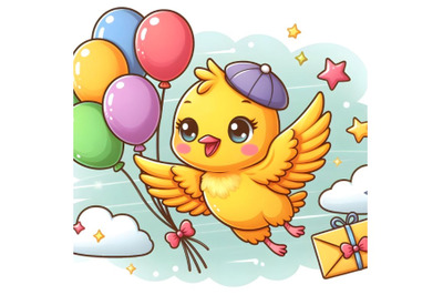 cute yellow bird flying with balloons