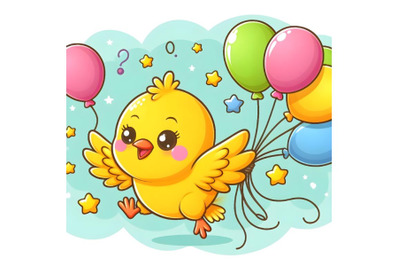 cute yellow bird flying with balloons