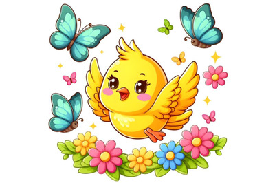 cute yellow bird flying with little butterflys