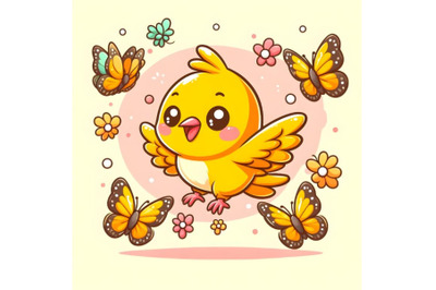 cute yellow bird flying with little butterflys