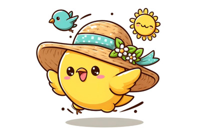 cute yellow bird flying in Straw hat