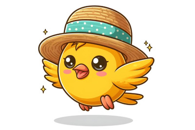 cute yellow bird flying in Straw hat