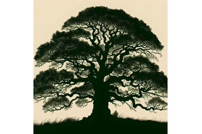 silhouette of old green oak tree