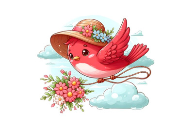 cute red bird flying in Straw pink hat with flowers cloud background