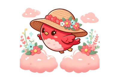 cute red bird flying in Straw pink hat with flowers cloud background