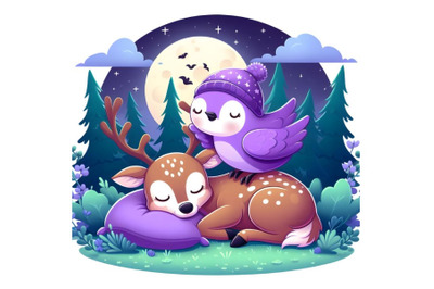 cute purple bird sitting on a sleeping deer in the forest background m