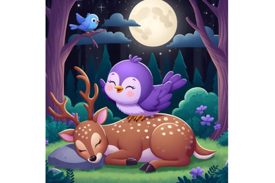 cute purple bird sitting on a sleeping deer in the forest background m