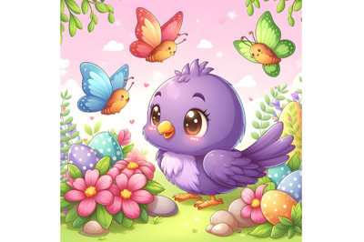 cute purple bird playing with little Butterflys in the garden