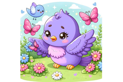 cute purple bird playing with little Butterflys in the garden