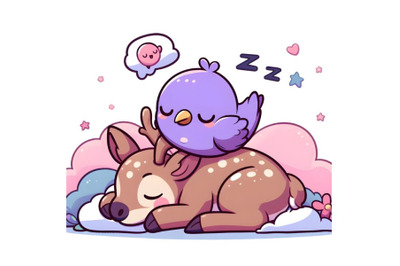 cute purple bird sitting on a sleeping deer