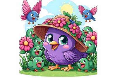 cute purple bird in a flower hat playing with many grasshop