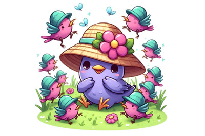 cute purple bird in a flower hat playing with many grasshop