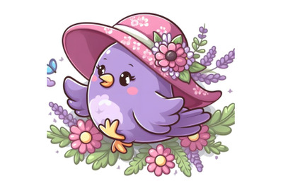 cute purple bird in a flower hat