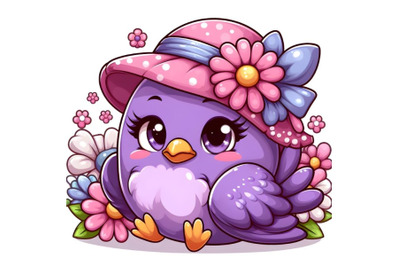 cute purple bird in a flower hat