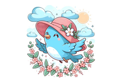 cute blue bird flying in Straw pink hat with white flowers and cloud b