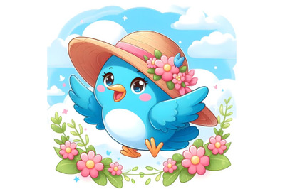 cute blue bird flying in Straw pink hat with white flowers and cloud b