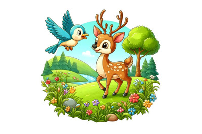 Cartoon deer with bird on the meadow