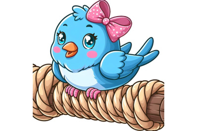 blue bird with a pink bow sitting on a rope