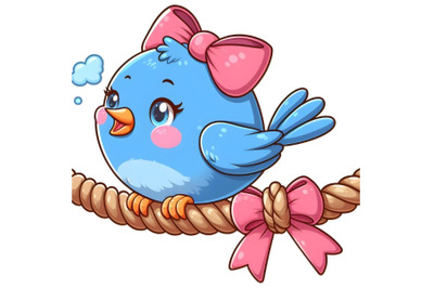 blue bird with a pink bow sitting on a rope