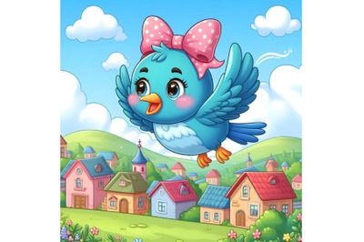 blue bird with a pink bow flying near the town